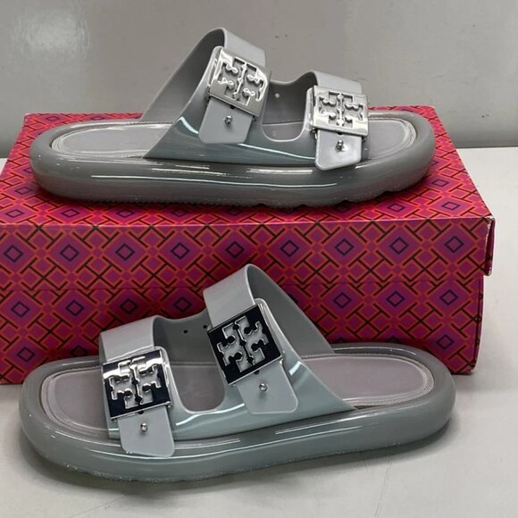 NEW TORY BURCH Buckle Bubble Jelly Slip-On Sandals – Women’s Size 7 – Light Gray - Picture 1 of 13